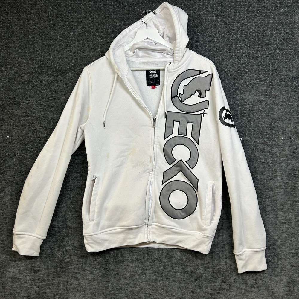Ecko Unltd Full Zip Hoodie Men's White Fleece Rhino Graphic Streetwear - Small